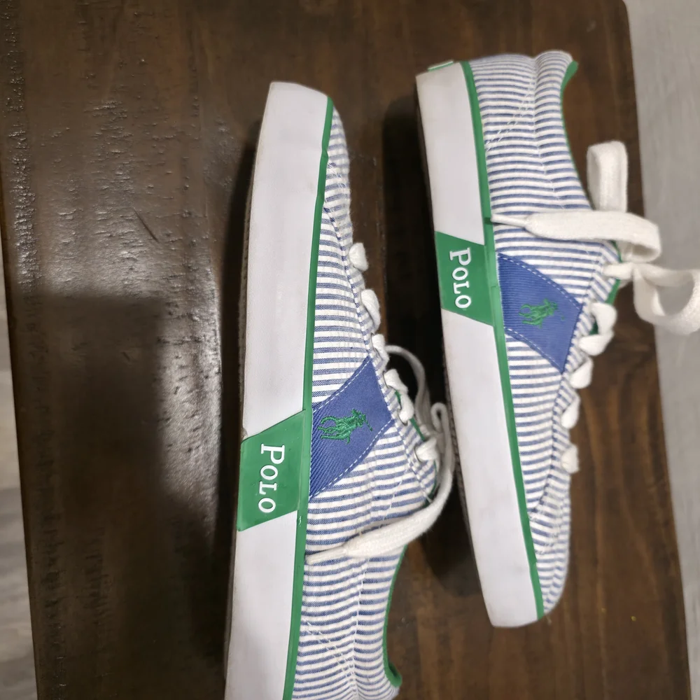 Polo Ralph Lauren Seersucker Sneakers Blue White Stripe Green Pony Size 9B Prep - Picture 3 of 10
